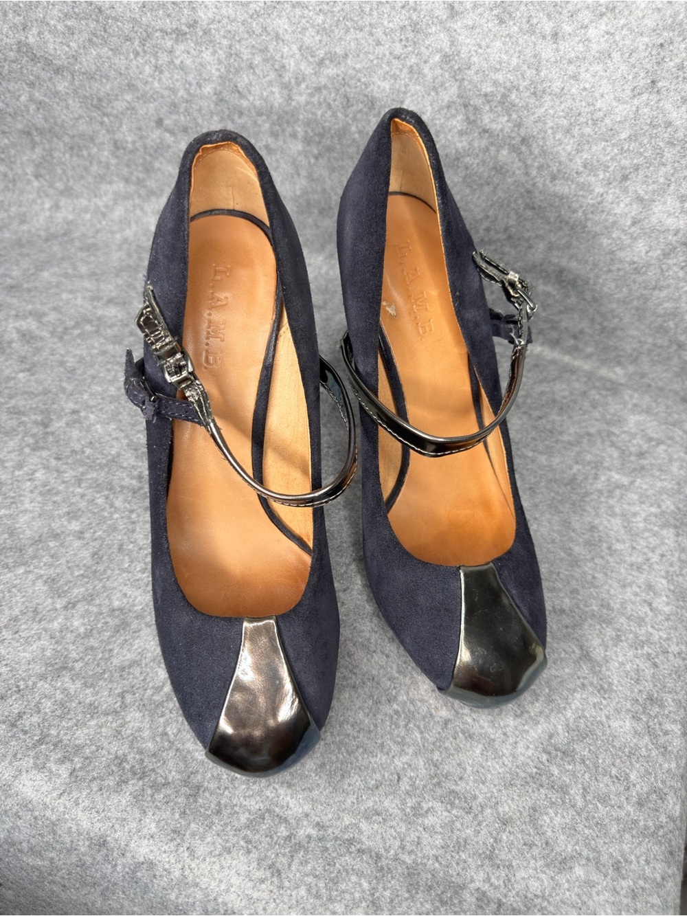 Vintage L.A.M.B. Gwen Stefani Navy Suede Metallic Stilettos Mary Jane Heels 8.5